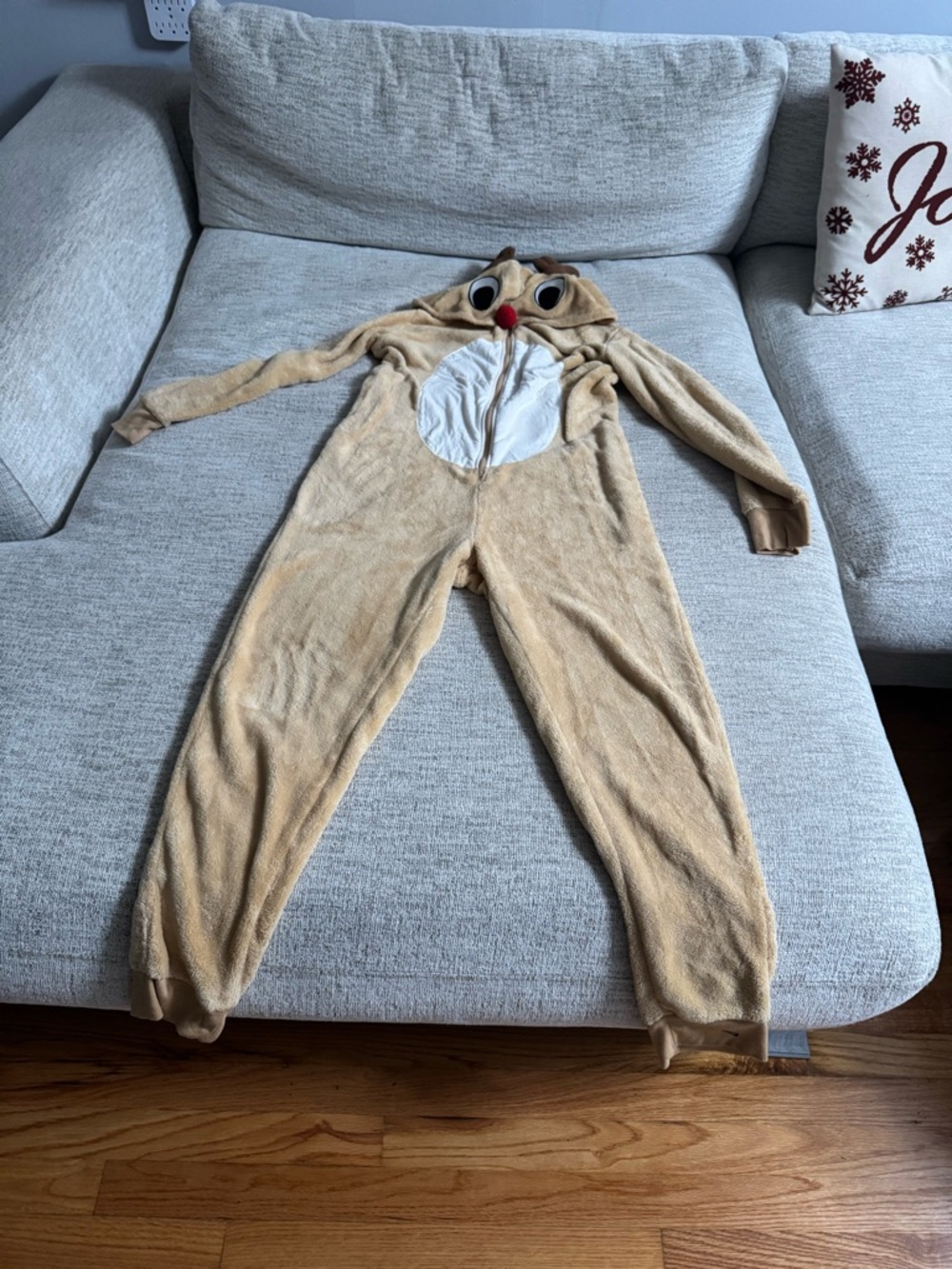 Kids Beige Reindeer One-Piece Pajamas with Hood